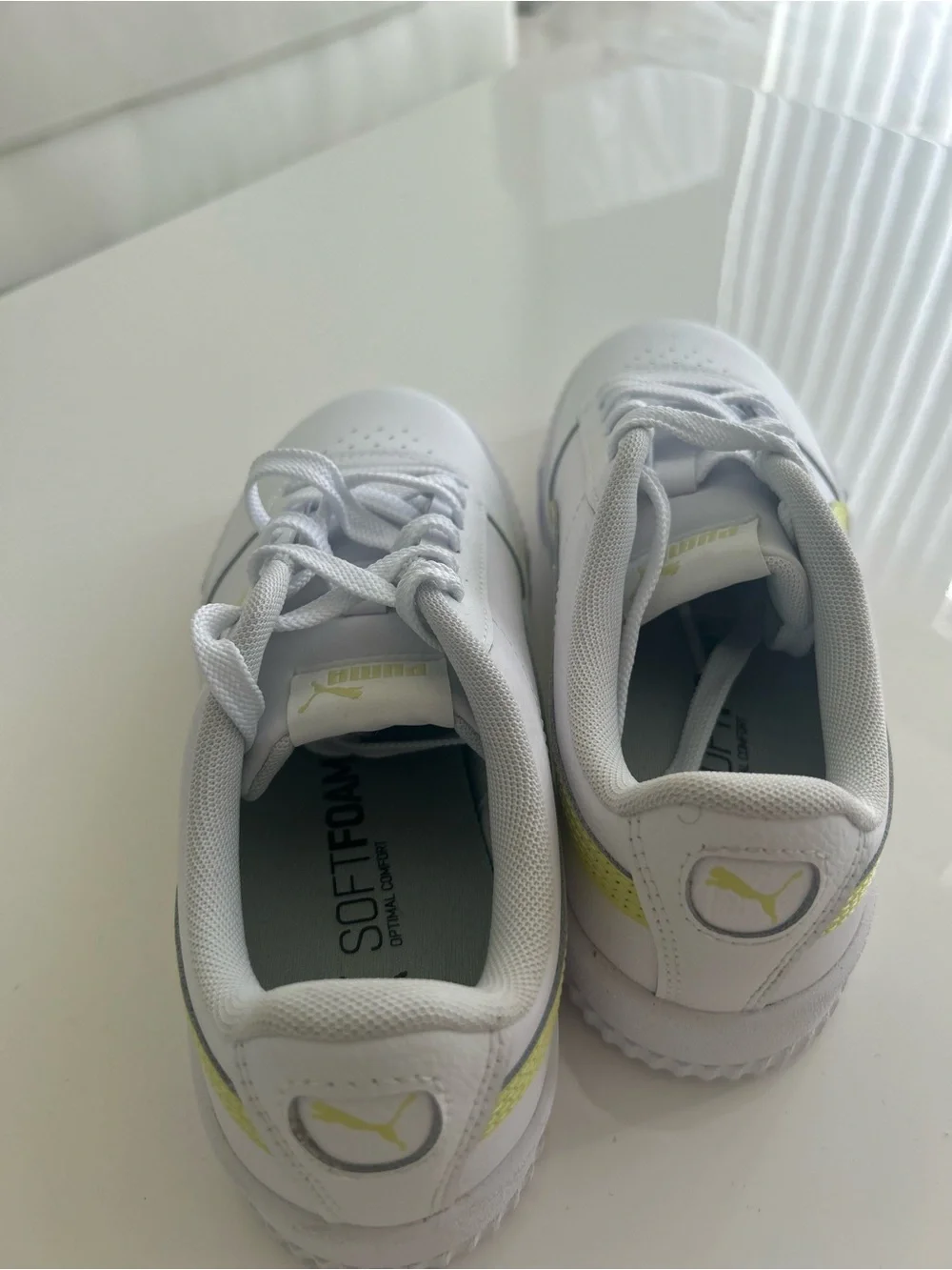 Puma Carina White Sneakers with Neon yellow Stripe